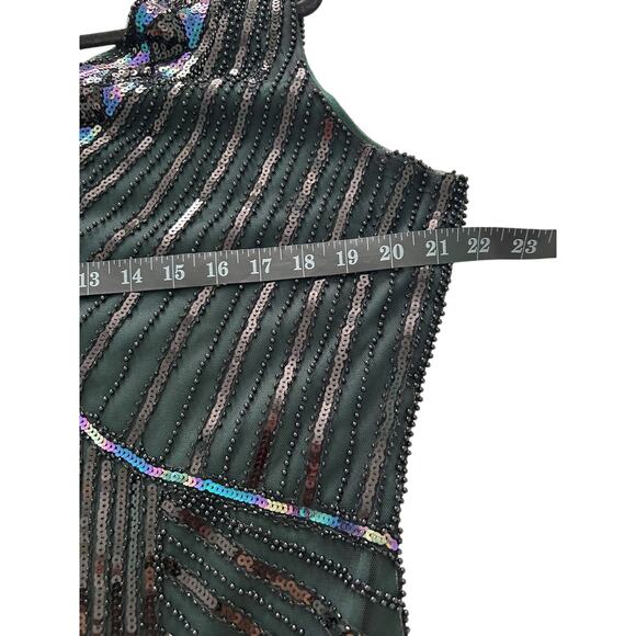 Retro Stage 1920s Fringe Flapper Beaded Sequins Black and Green Midi Dress -XL - Picture 6 of 9